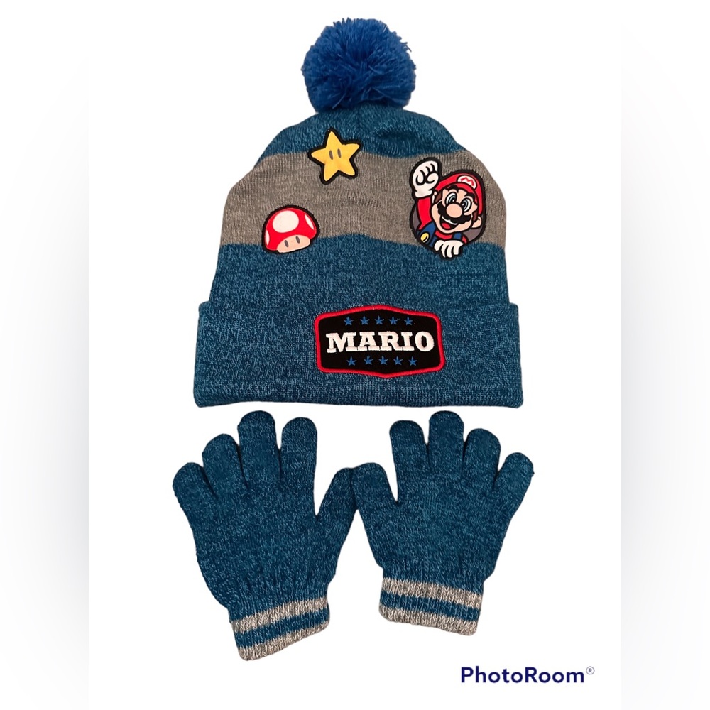 Nintendo Super Mario Kids Pom Pom Beanie and Gloves Set